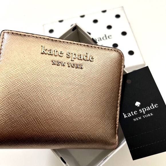 NWT KATE SPADE Cameron Metallic Rose Gold Wallet L-Zip Boxed 3.7"x4.3" Bifold - Picture 1 of 9